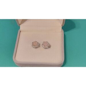 Stunning Genuine Morganite Cabachon & White Topaz Gemstone Stud Earrings~925SS